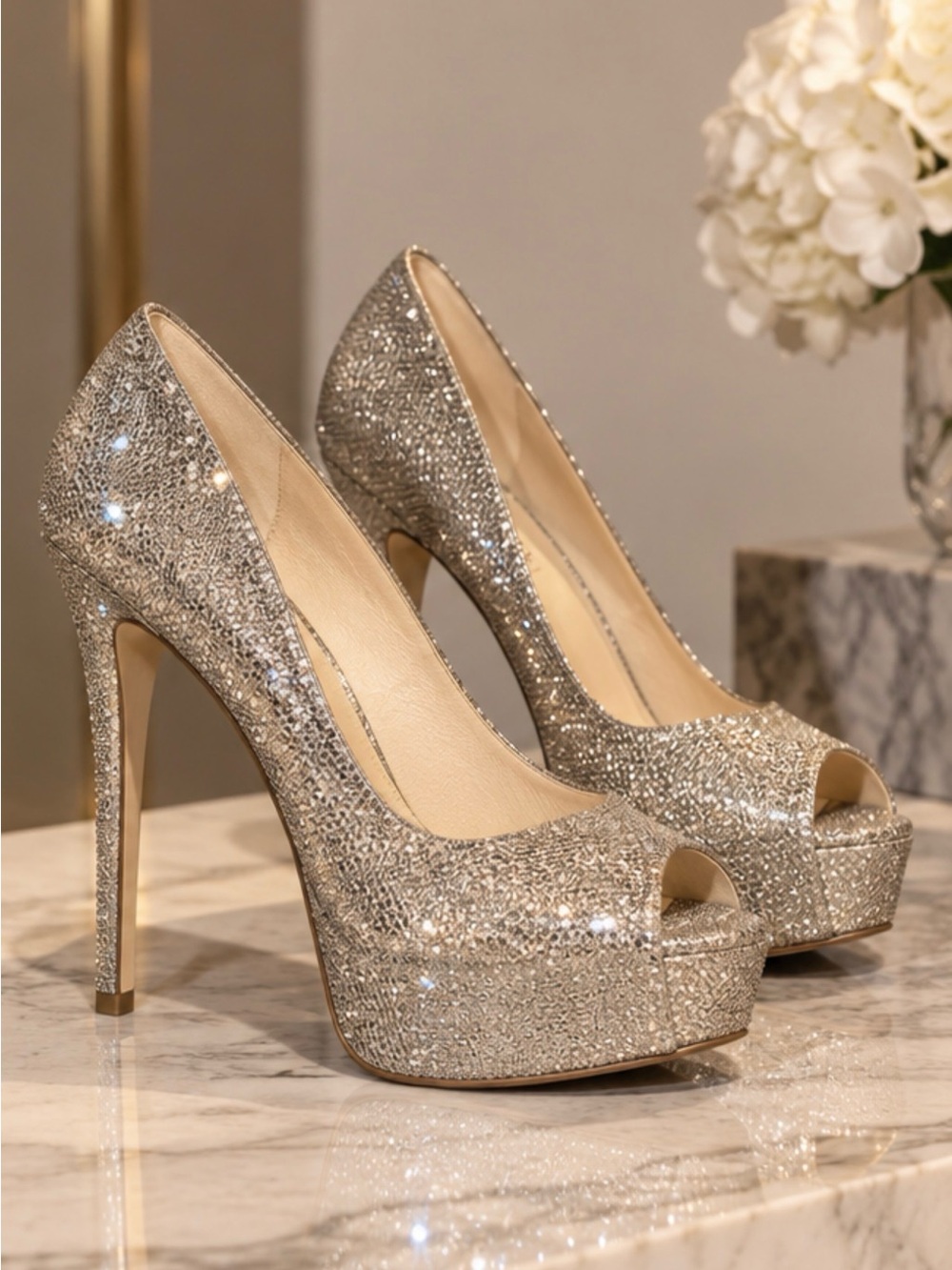 Michael Kors Silver Glitter Peep-Toe Platform Pumps